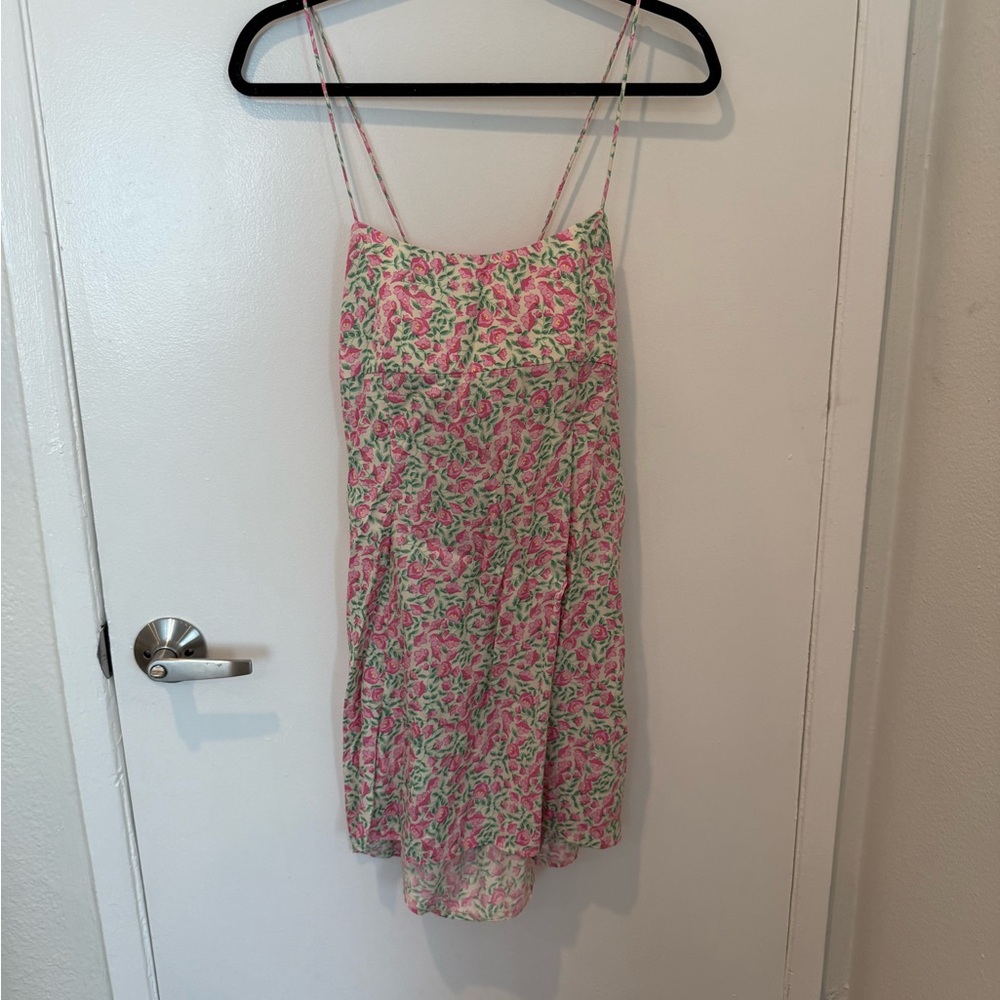 Zara Floral Pink and Green Spaghetti Strap Dress